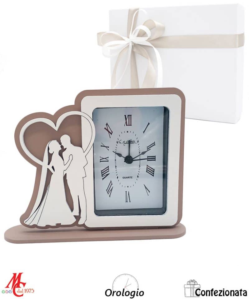 Bomboniera Matrimonio - Orologio sposi con cuore - 13 x 16,5 cm - legno bianco e tortora