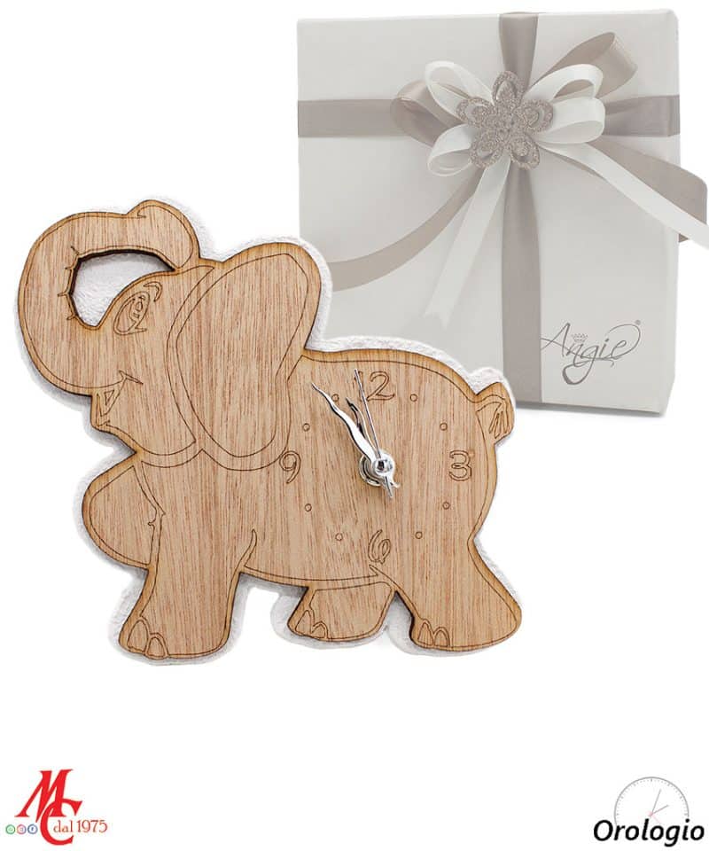 Bomboniera Orologio Elefante - Polvere di Marmo e Legno, Colori Bianco e Marrone, Misure 16x15,5 cm