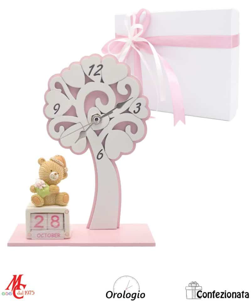 Bomboniera Orologio Albero della Vita con Calendario Perpetuo con Orsetto Rosa