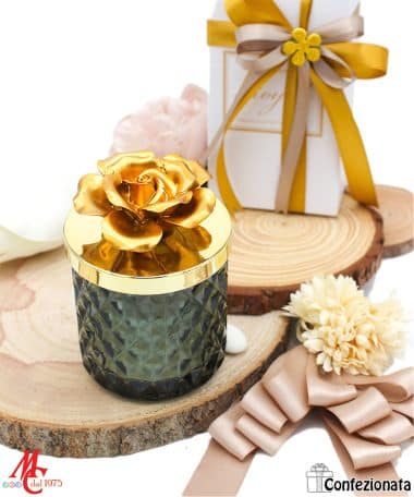 Bomboniera Candela Nera Con Fiore in Porcellana Oro - Completa di Confezione