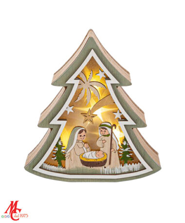 Albero Natività in Legno con luce Led Brand: Christmas Collection Materiale: Legno - Misure: 12,5cm x 3,5cm x h.13,5cm