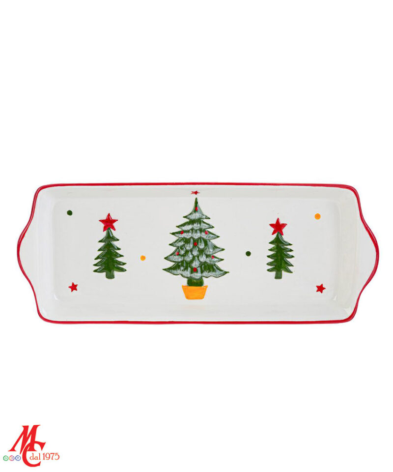 Vassoio Ceramica - decoro Albero di Natale Materiale: Ceramica Misure: 31,5cm × 13cm x h.3cm Colore: Bianco - Rosso - Verde - Giallo