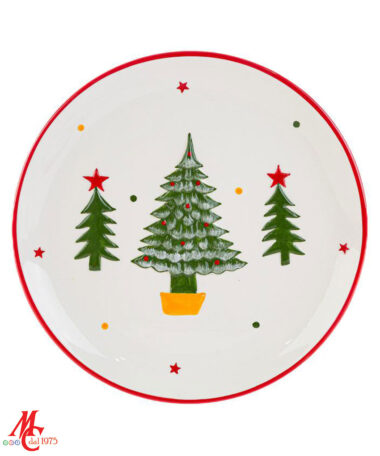 Piatto Ceramica - decoro Albero di Natale Materiale: Ceramica Misure: 26cm × 26cm x h.2,5cm Colore: Bianco - Rosso - Verde - Giallo