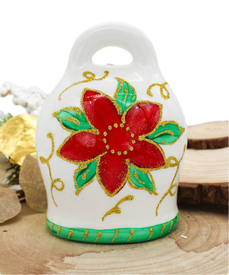 Campana Natalizia in Ceramica di Capodimonte Materiale: Ceramica dipinta a Mano (Made in Italy) Misure: 10cm x 13,5 cm Colore: Bianco - Oro - Verde - Rosso