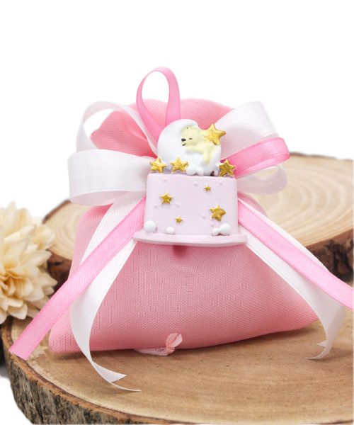 Bomboniera Sacchettino Rosa con Magnete Orsetto su Luna