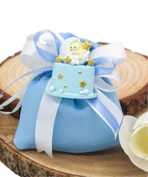 Bomboniera Sacchettino Celeste con Magnete Orsetto su Luna