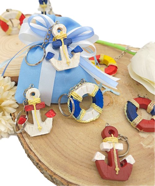 Bomboniera Sacchettino Celeste con Portachiavi Stile Mare