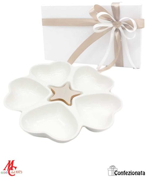 Antipastiera Cuori Porcellana Bianca e Legno Naturale