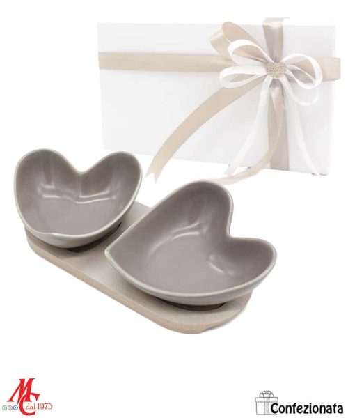 Set 2 Ciotole Cuore Porcellana Grigio e Legno Naturale