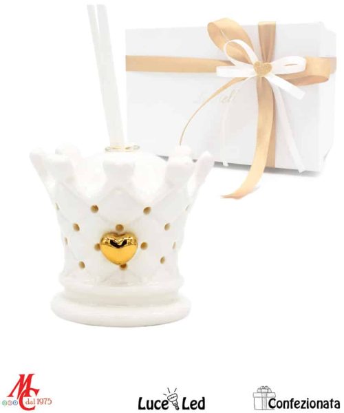 Bomboniera Profumatore Corona con Cuore Oro - Luce Led