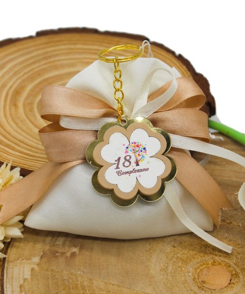 Sacchettino Bomboniera 18° Compleanno con Portachiavi in Plex e Legno