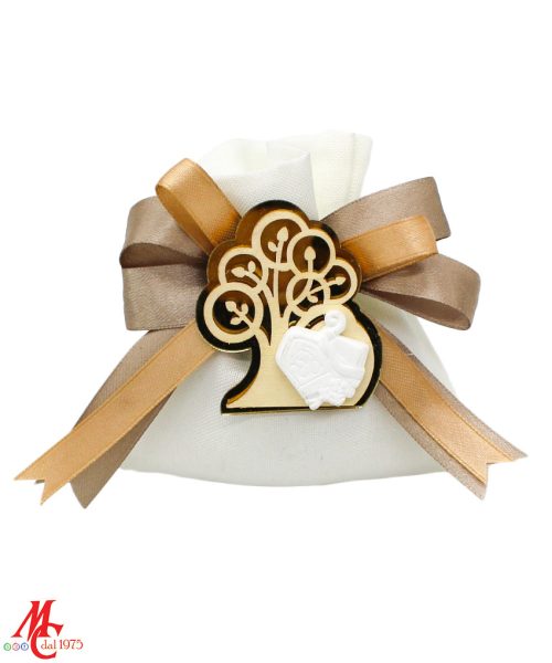 Sacchettino con Applicazioni Magnete Albero della Vita in Plex con Simbolo Cresima Bianco