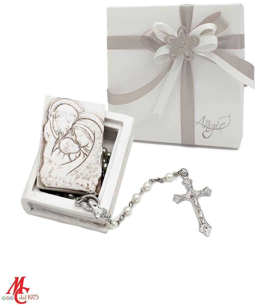 BOMBONIERA VANGELO - Bassorilievo Sacra Famiglia con Rosario Bianco Perlato