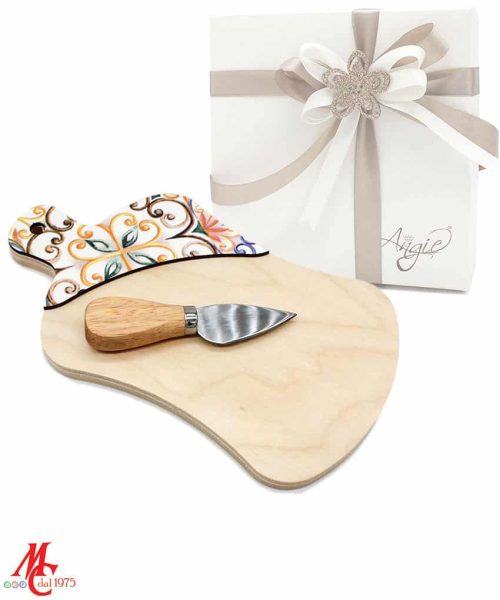 Bomboniera Tagliere decoro Maioliche - con Coltellino Formaggio