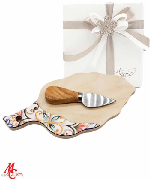 Bomboniera Tagliere decoro Maioliche - con Coltellino Formaggio