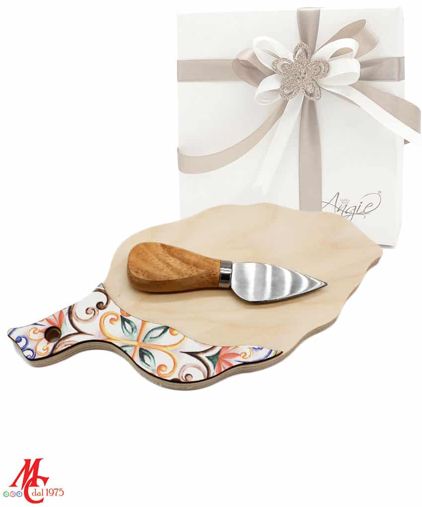 Bomboniera Tagliere decoro Maioliche - con Coltellino Formaggio