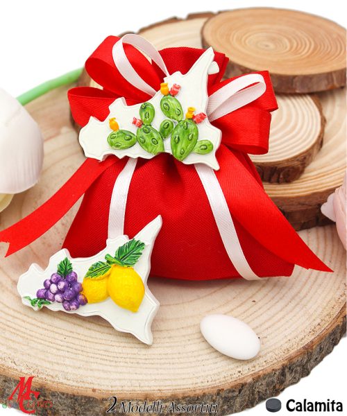 Sacchettino con Applicazione Magnete Sicilia con Fichi d'India e Limoni (2 Modelli Assortiti)