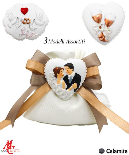 Bomboniera / Bustina Matrimonio: Sacchettino con Applicazioni 3 Magneti Assortiti in Tema Matrimonio