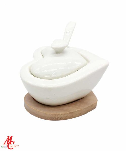 Bomboniera Zuccheriera Porcellana Bianca Base Legno