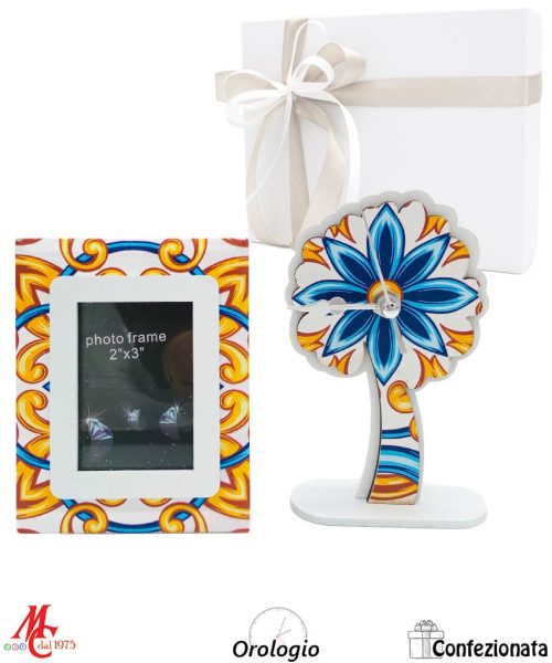 Bomboniera – Set 2 Pezzi - Portafoto e Orologio decoro Maioliche