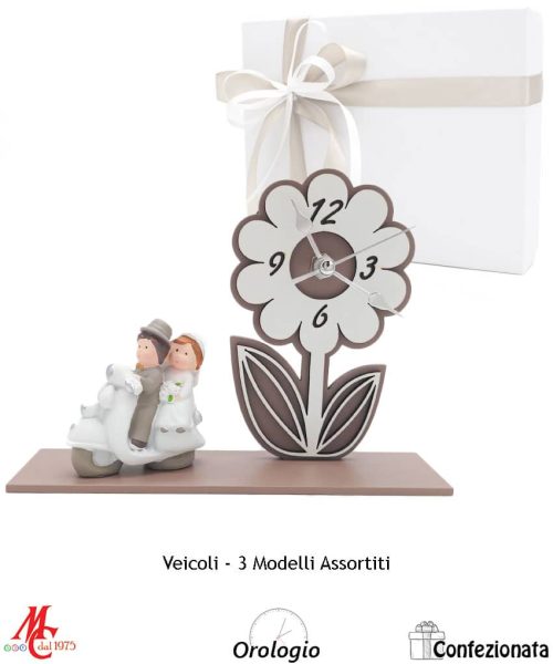 Bomboniera Matrimonio - Orologio fiore con sposi su veicoli assortito in 3 modelli (aereo, macchina, moto)