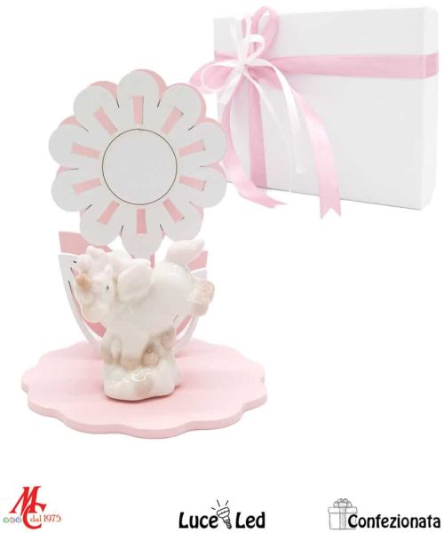 Bomboniera – Base Legno Fiore con Unicorno Rosa - Luce Led