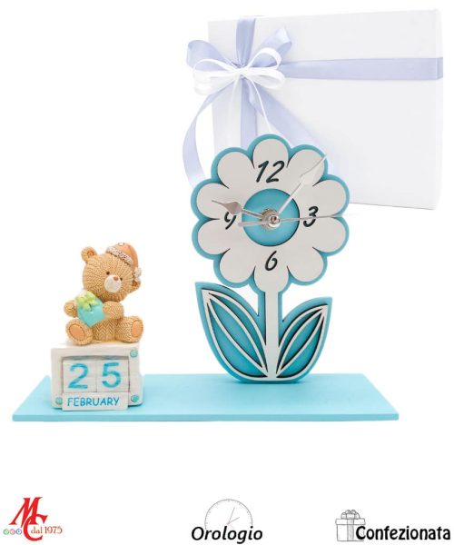Bomboniera Orologio forma fiore con Calendario Perpetuo con Orsetto Celeste