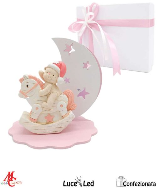 Bomboniera – Luna con Orsetto su Cavallo a Dondolo Rosa - Luce Led