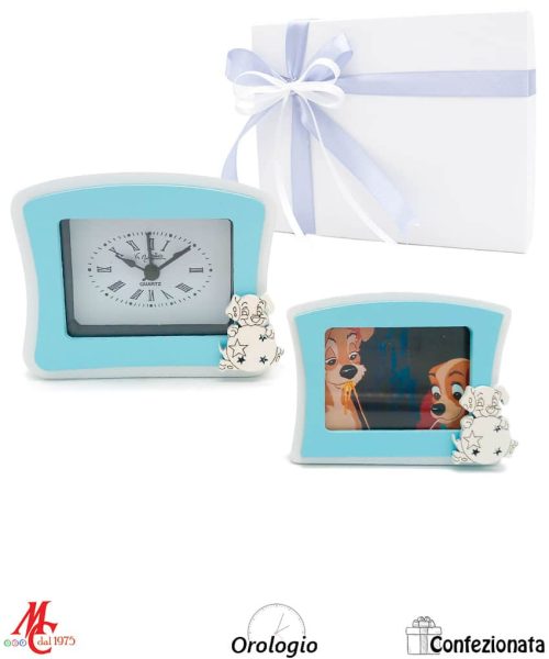Bomboniera - Set Portafoto e Orologio da tavolo celeste con cagnolino