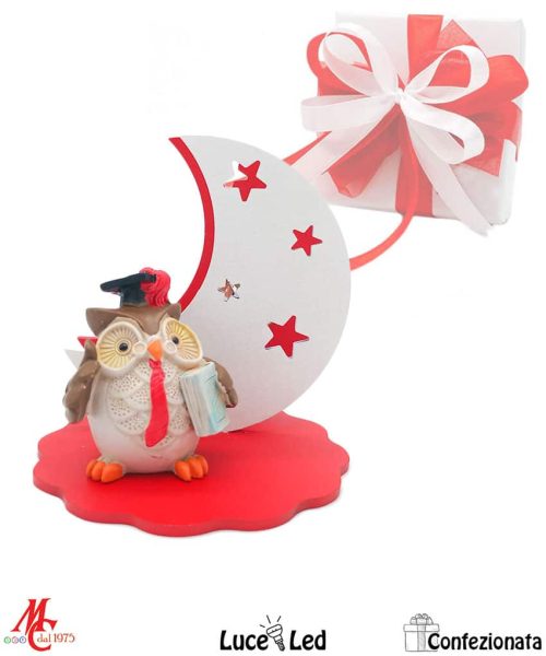 Bomboniera Laurea – Luna con Gufetto Portafortuna - Luce Led