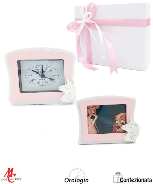 Bomboniera Set 2 pezzi Orologio Rosa e Portafoto Rosa con Unicorno