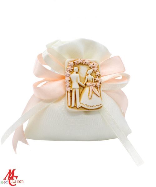Bomboniera / Bustina Matrimonio: Sacchettino con Applicazioni Coppia Sposi Colore Beige e Rosa