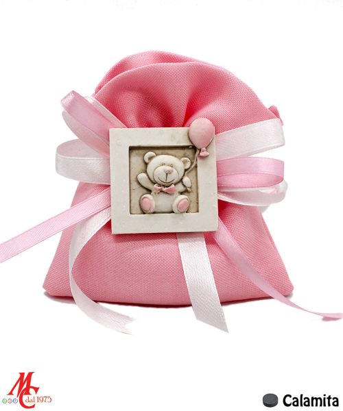 Sacchettino con Applicazione Magnete Orsetto con Palloncino Rosa