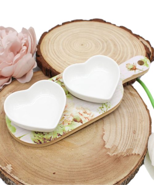 Bomboniera Utile Antipastiera in Legno con 2 Ciotole a Forma di Cuore - Completa di Confezione