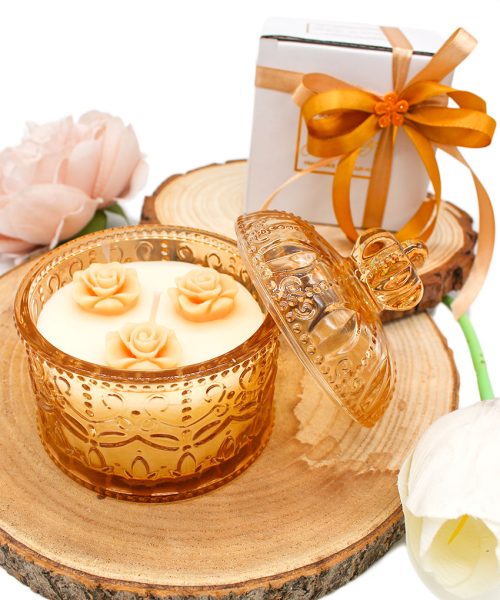 Bomboniera Candela in Vetro Ambra con Cera Artistica- Completa di Confezione