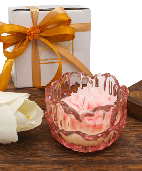 Bomboniera Candela in Vetro Rosa con Fiore - Completa di Confezione