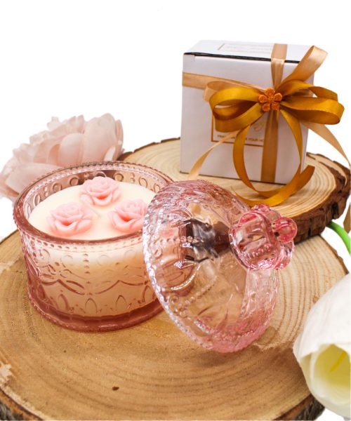 Bomboniera Candela in Vetro Rosa con Coperchio e Fiorellini - Completa di Confezione