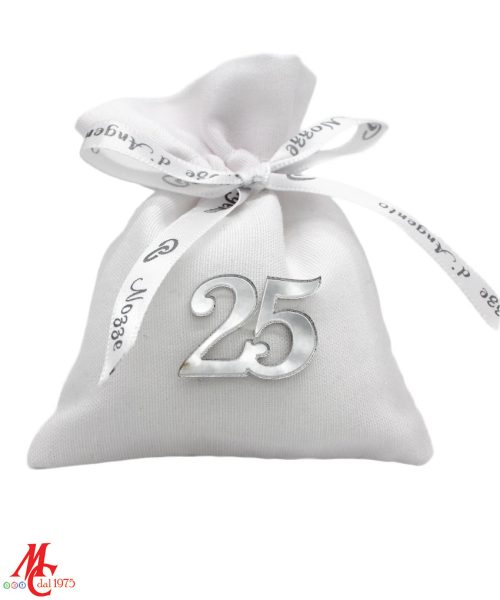 Sacchettino con Applicazione 25 in Plex e Nastrino con Scritta Nozze Argento