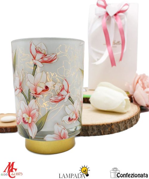 Bomboniera Lampada Vetro con Decoro Fiori - Completa di Confezione