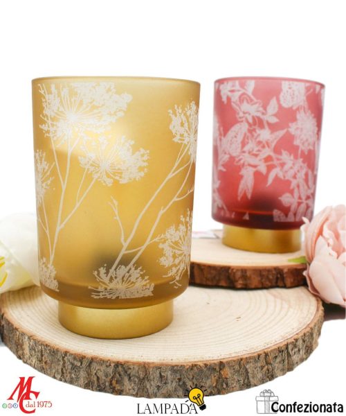 Bomboniera Lampada Vetro con Decoro Fiori - 2 Colori Assortiti - Completa di Confezione