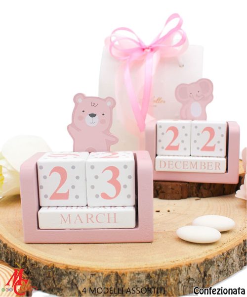 Bomboniera Datario Legno Rosa - 4 Animali Assortiti - Completa di Confezione