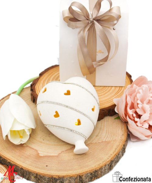 Bomboniera Cuore in Porcellana con Luce LED e Strass - Completa di Confezione
