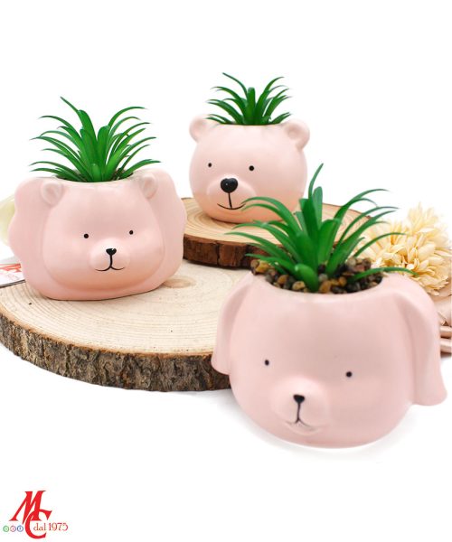 Bomboniera Piantina con Animaletti in Porcellana Rosa - 3 Modelli Assortiti