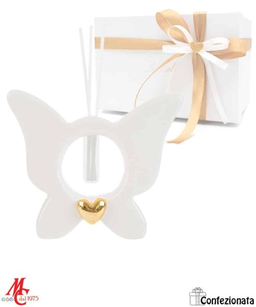 Bomboniera Profumatore Farfalla in Porcellana - Bianco con Cuoricino Color Oro - Completa di Confezione