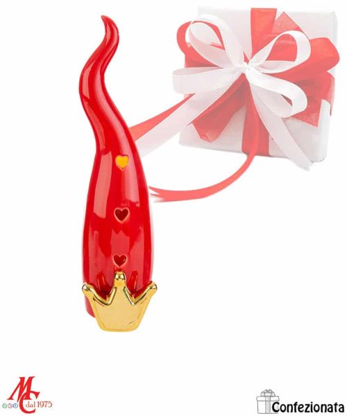 Bomboniera Corno Rosso con Corona Oro in Porcellana con Luce LED - Completa di Confezione