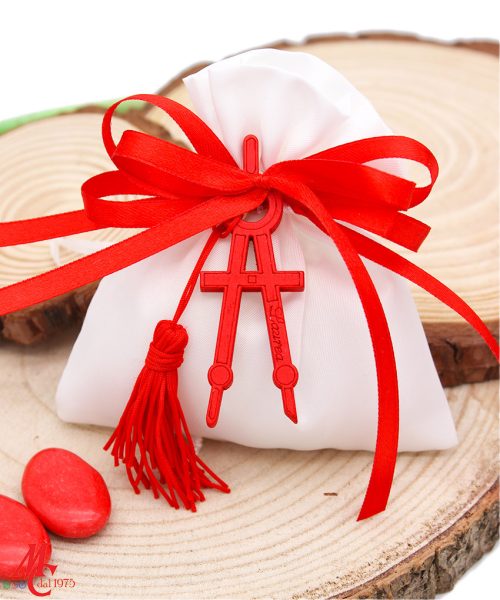 Bomboniera / Bustina Laurea in Ingegneria e Architettura: Sacchettino Bianco con Compasso in Legno