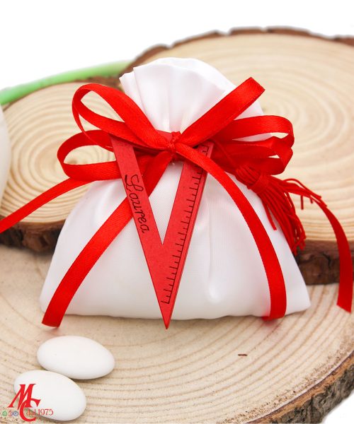 Bomboniera / Bustina Laurea in Ingegneria e Architettura: Sacchettino Bianco con Squadretta in Legno