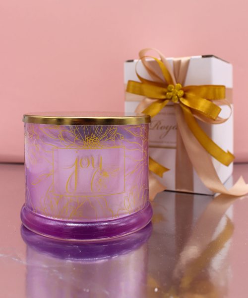 Bomboniera Candela Profumata con Contenitore in Vetro Lilla e Coperchio Oro
