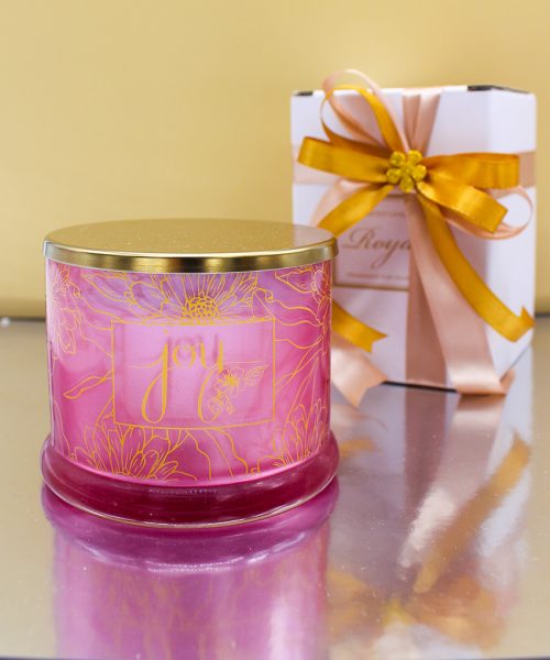 Bomboniera Candela Profumata con Contenitore in Vetro Rosa e Coperchio Oro