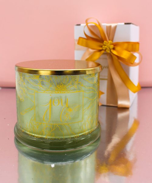 Bomboniera Candela Profumata con Contenitore in Vetro Verde e Coperchio Oro